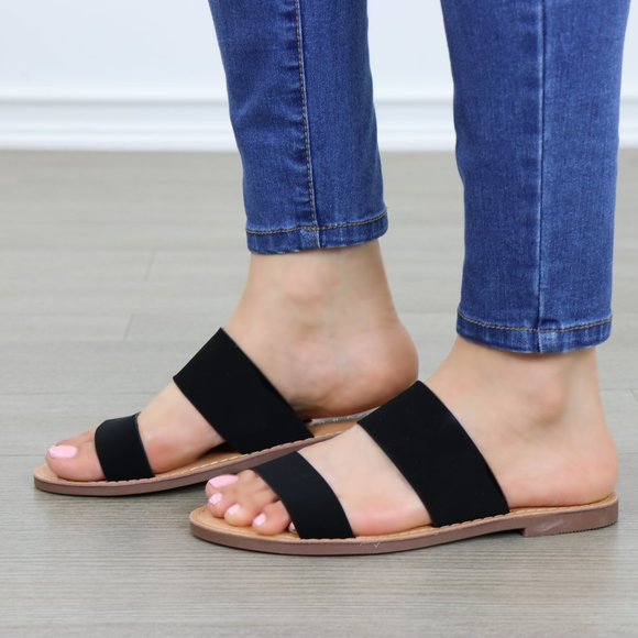 Slip On 2 Strap Flat slider Sandal Black Velvet - Picture 3 of 10